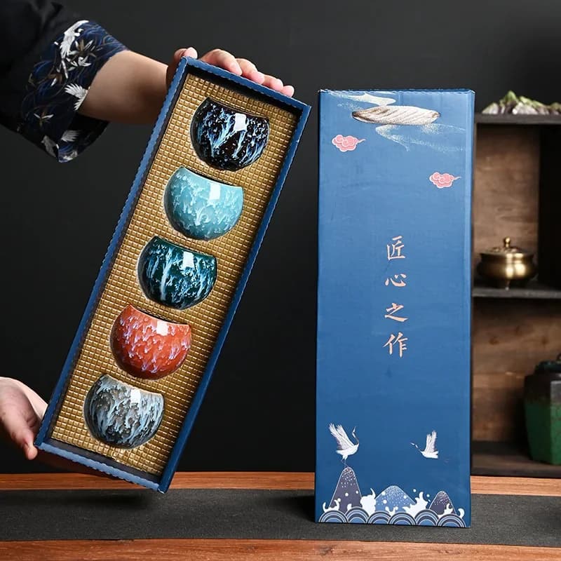 Gift Box &amp; Five Elements Gift Box Kiln Change China Ceramic Tea Cup Porcelain Kung Fu Cups Set Pottery Coffee Mug Tableware Cup
