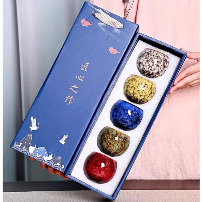 Gift Box &amp; Five Elements Gift Box Kiln Change China Ceramic Tea Cup Porcelain Kung Fu Cups Set Pottery Coffee Mug Tableware Cup